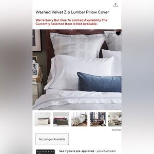 New Pottery Barn Washed Velvet Zip Lumbar Pillow Cover, Sailor Blue, 12 x 24”